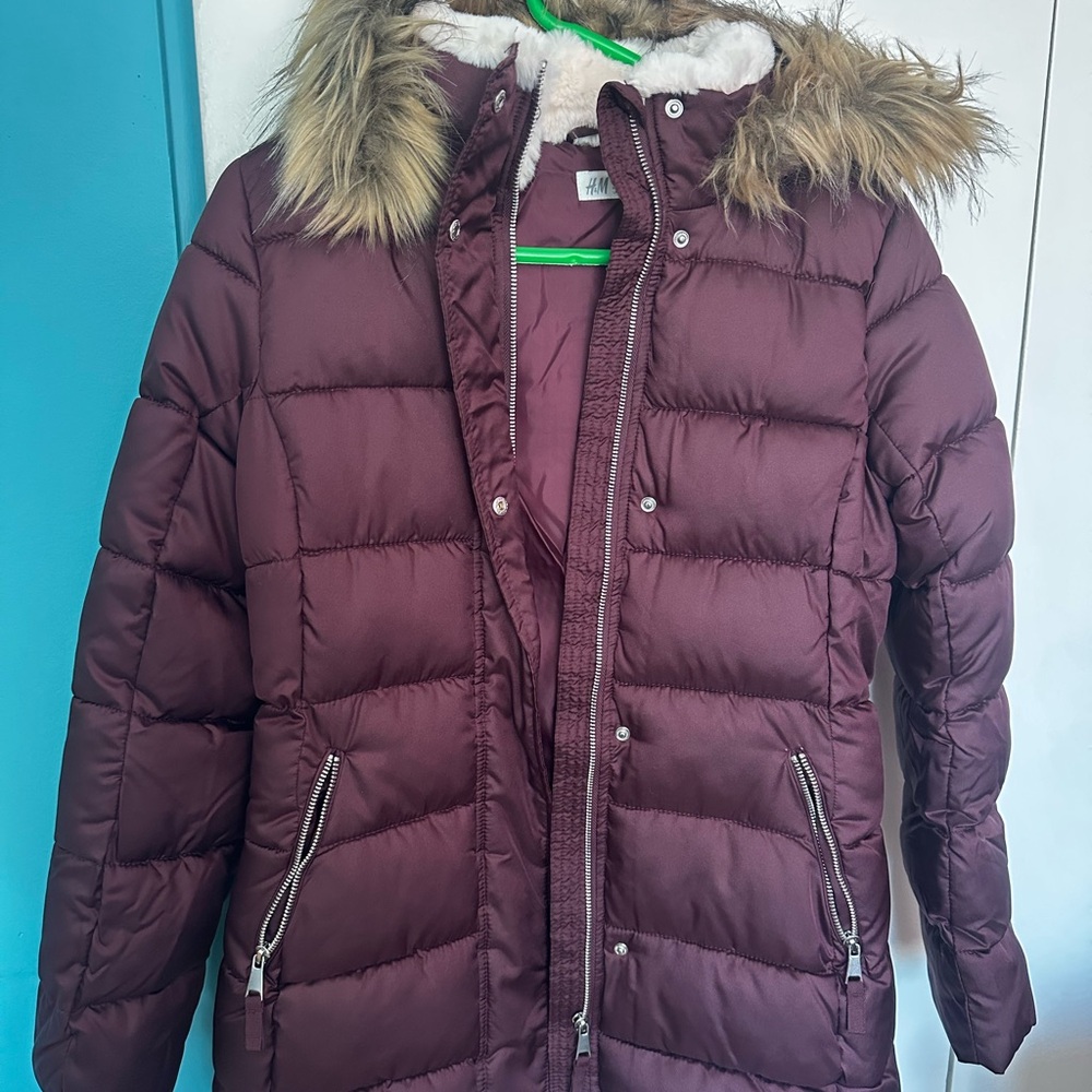 H&M Maroon Puffer Jacket with Faux Fur Trim